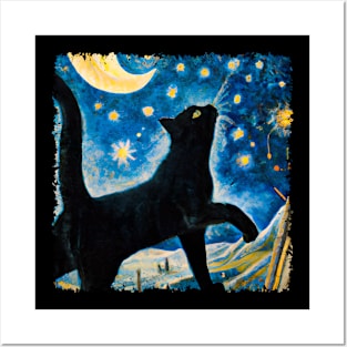 Starry Night Black Cat Van Cogh Posters and Art